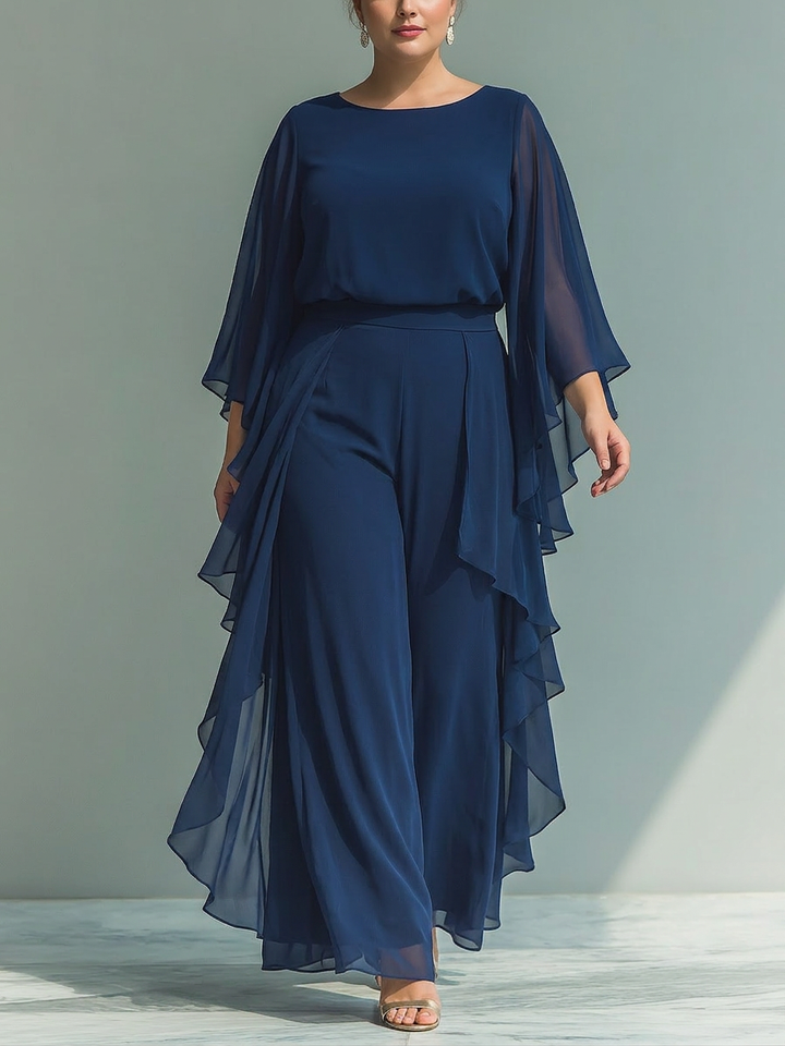 Navy Blue Chiffon Top Set with Flared Sleeves and Straight Leg Pants with Ruch Details