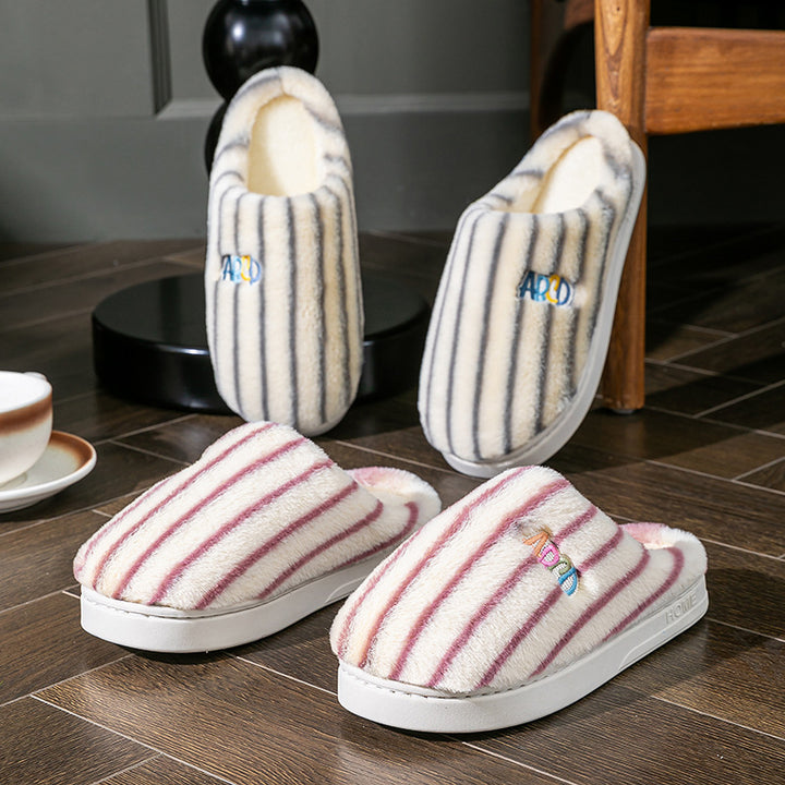 Plush Striped Letter Slippers, Winter Warm Embroidered