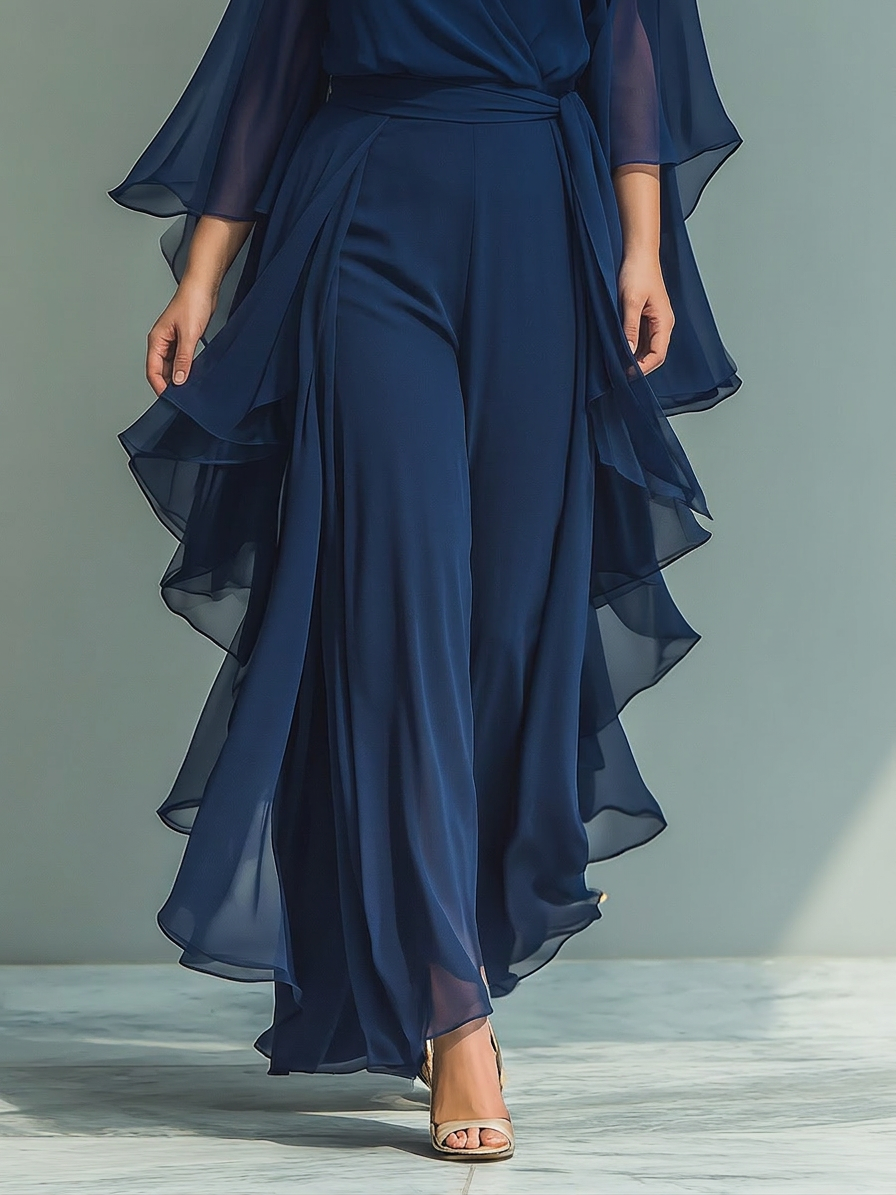 Navy Blue Chiffon Top Set with Flared Sleeves and Straight Leg Pants with Ruch Details