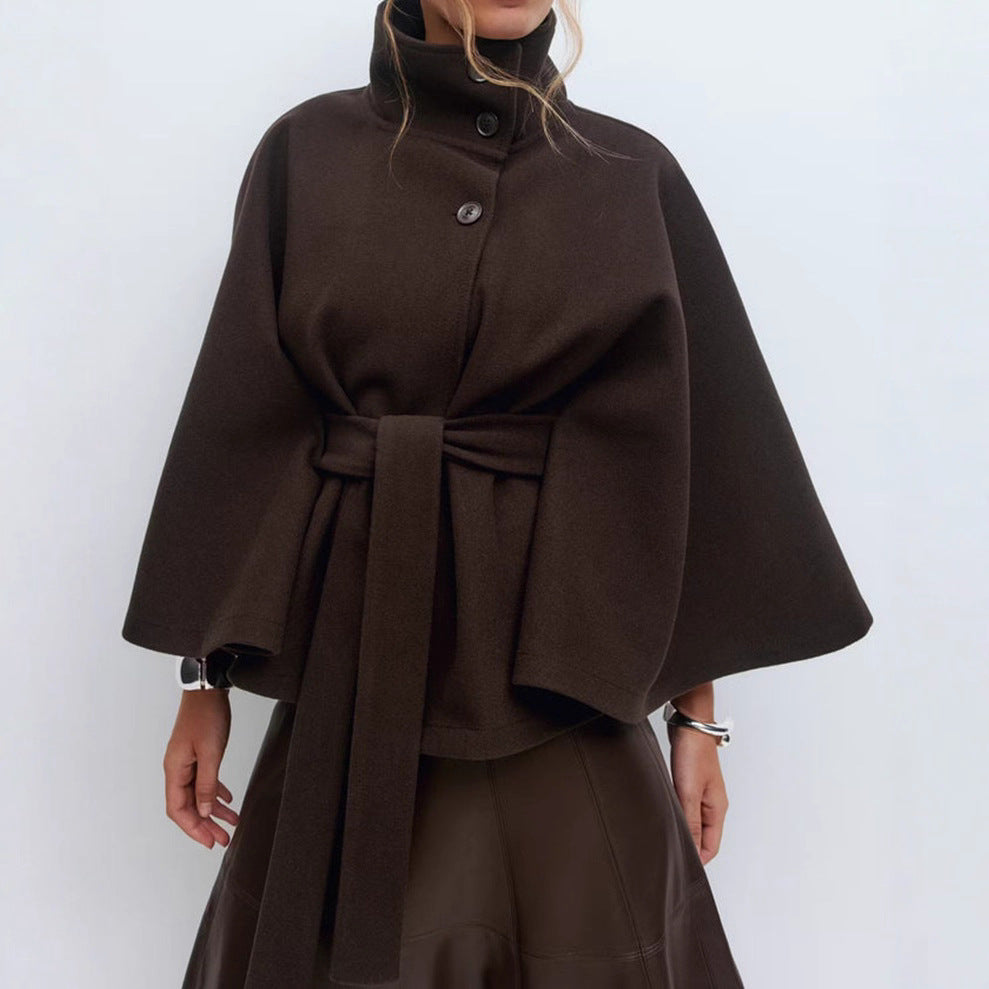Women's High Neck Batwing Coat with Belt, Loose and Elegant