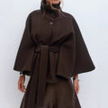 Women's High Neck Batwing Coat with Belt, Loose and Elegant