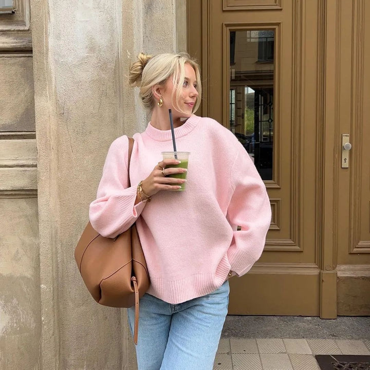 Crew Neck Pullover Sweater with Stretch and Long Sleeves