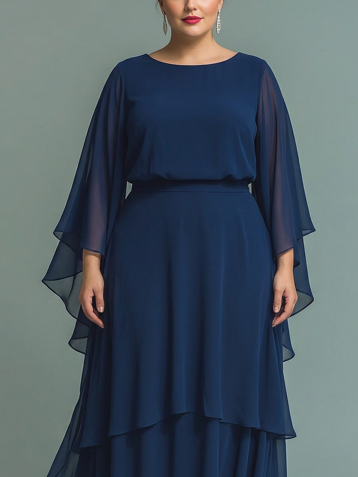 Navy Blue Chiffon Top Set with Flared Sleeves and Straight Leg Pants with Ruch Details