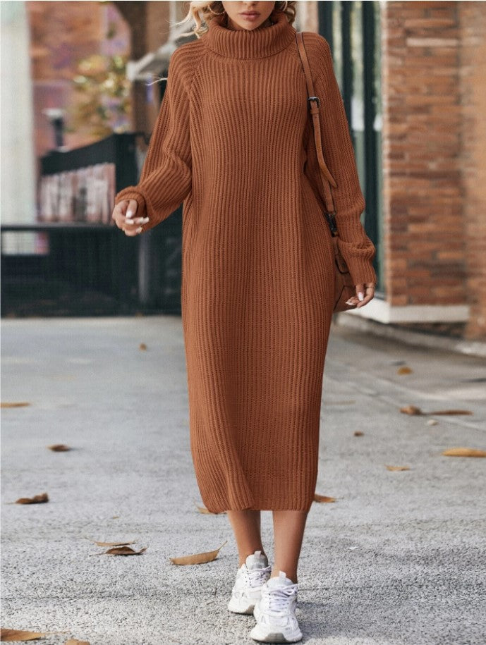 Woman in a long turtleneck sweater dress