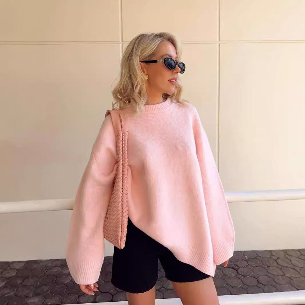 Crew Neck Pullover Sweater with Stretch and Long Sleeves