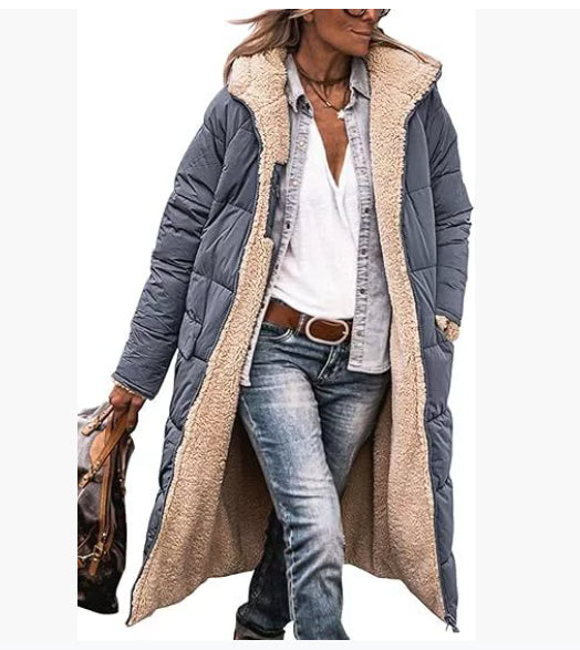 Hooded Long Coat for Women, Double-Sided Winter Cardigan Jacket