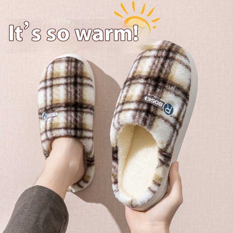 Plush Plaid Cotton House Slippers, Warm and Non-Slip