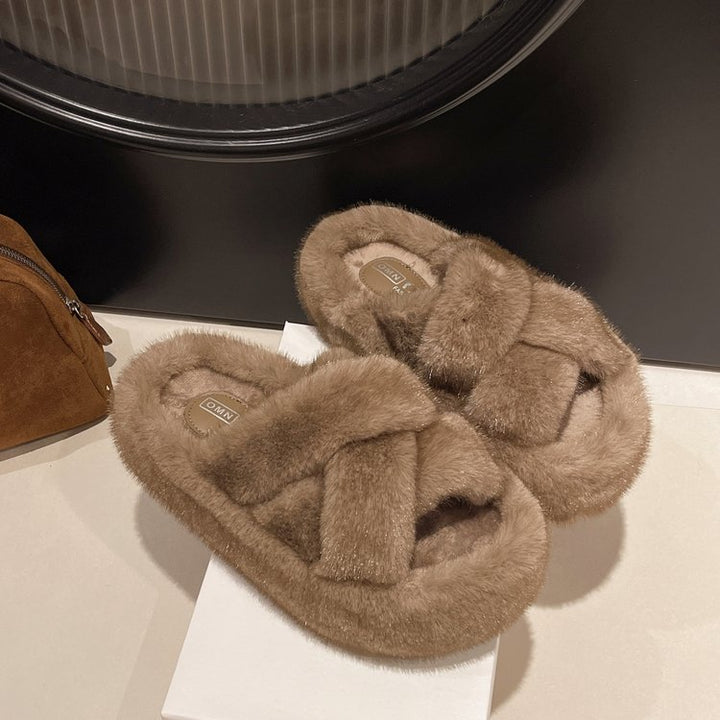Plush Cross-Strap Fluffy Slides with Rubber Platform Sole