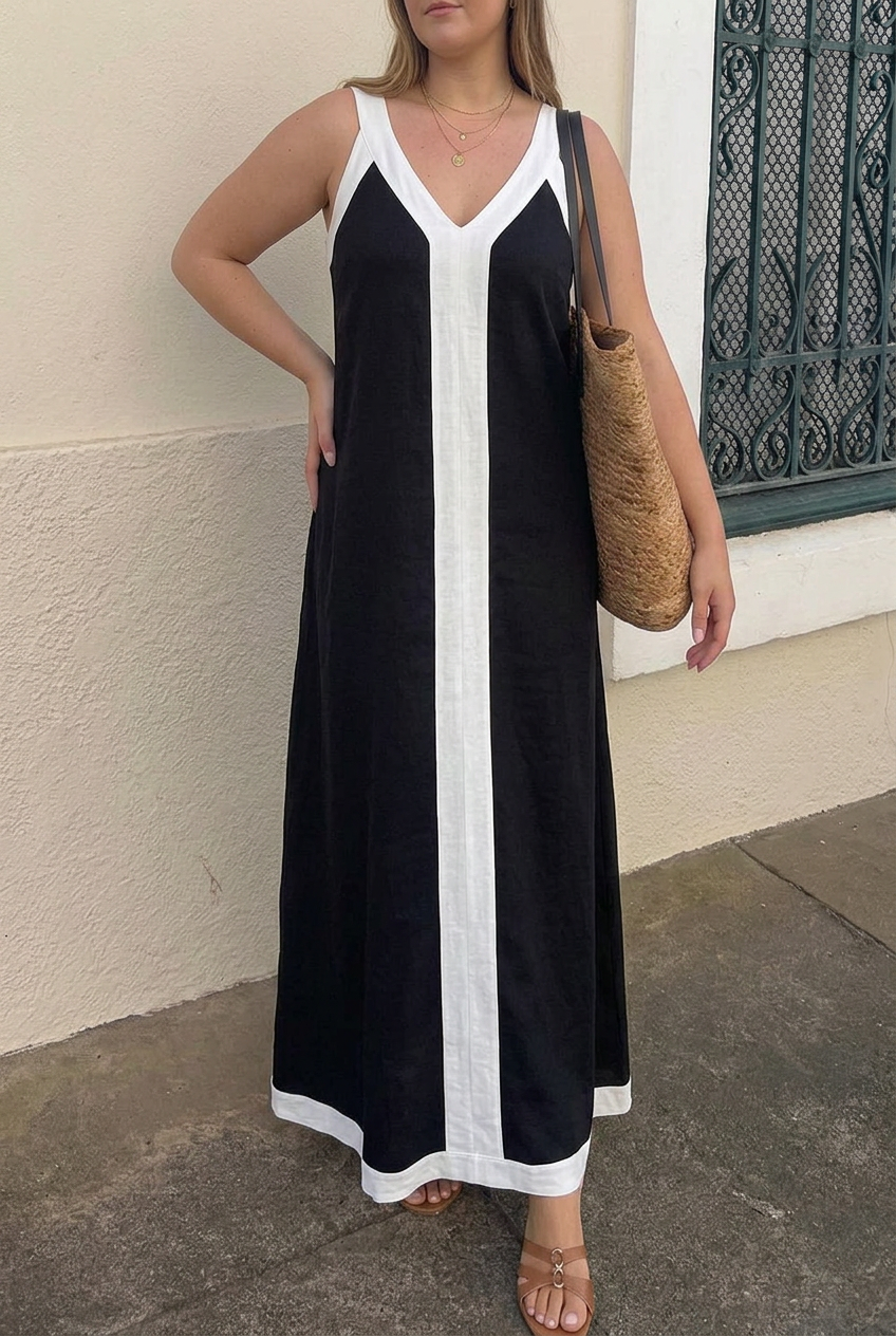 Amara | Contrast Trim V-Neck Relaxed Maxi Dress