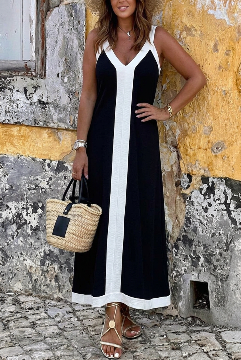 Amara | Contrast Trim V-Neck Relaxed Maxi Dress