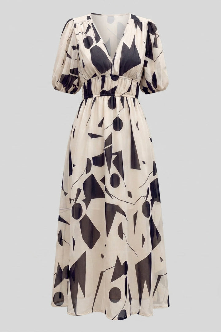 Amara | V Neck Short Sleeve Gathered Waist Midi Dress