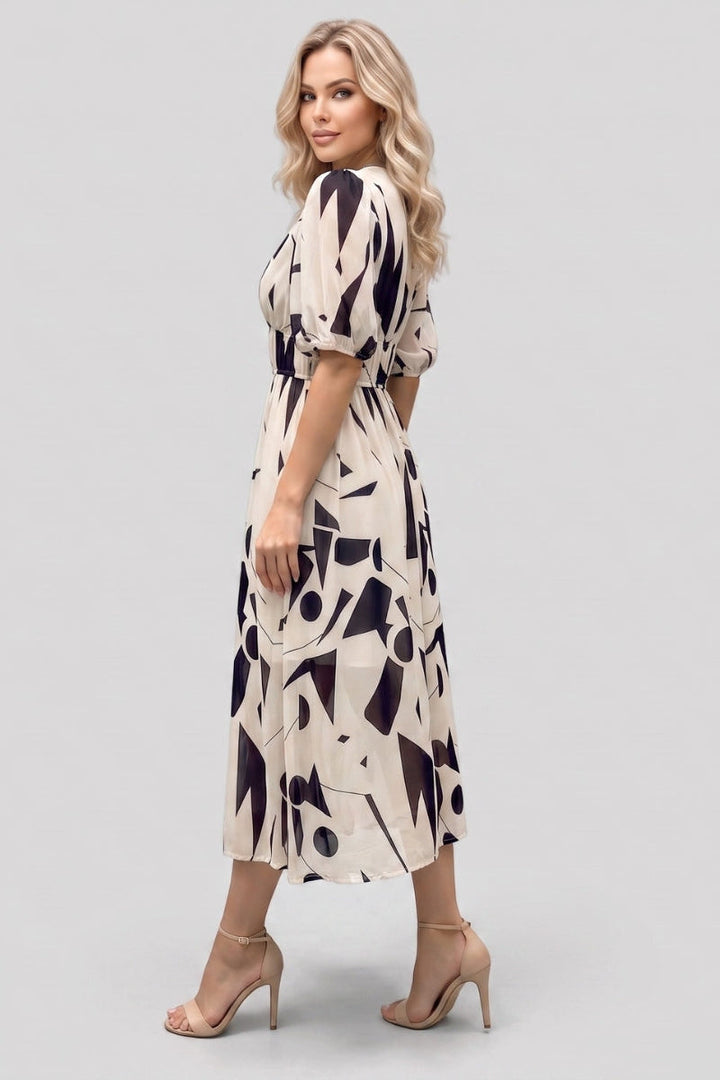 Amara | V Neck Short Sleeve Gathered Waist Midi Dress