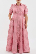 Sunniva | Women's Pink Jacquard Belted Shirt Maxi Dress