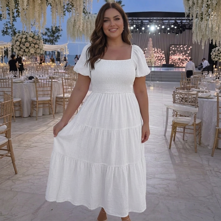 Belen | Smocked Square-Neck Puff Sleeve Tiered Midi Dress