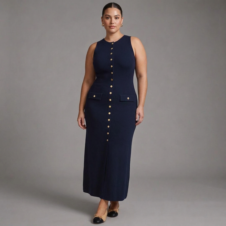 Quinn  Elegant Sleeveless Button-Up Bodycon Knit Maxi Dress