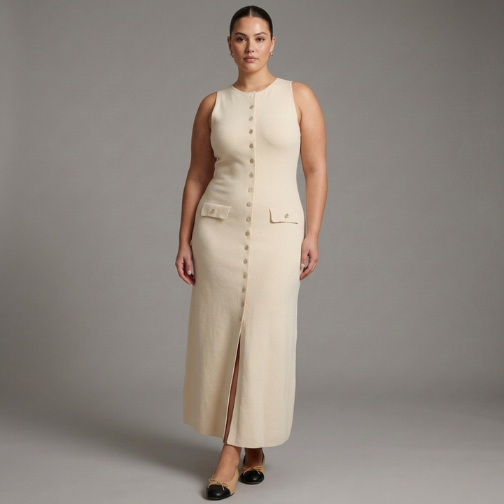 Quinn  Elegant Sleeveless Button-Up Bodycon Knit Maxi Dress
