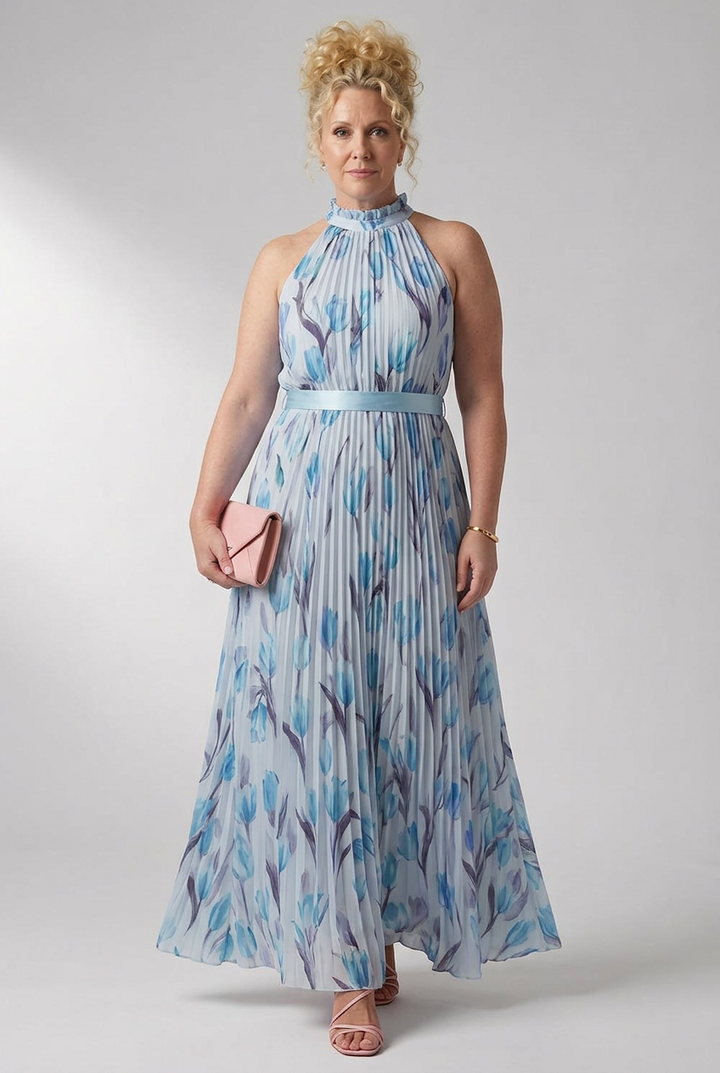 Elara | Blue Floral Pleated Maxi Dress