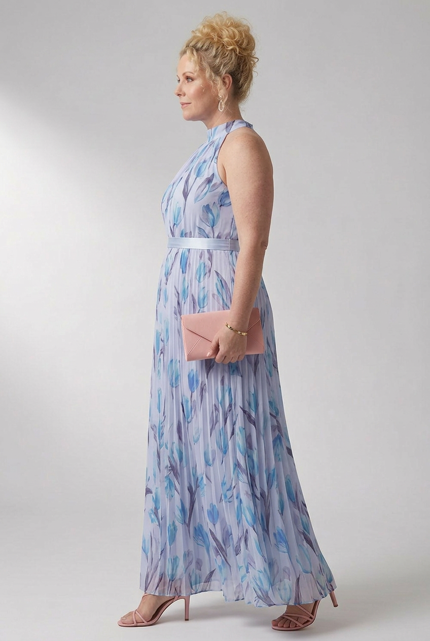 Elara | Blue Floral Pleated Maxi Dress