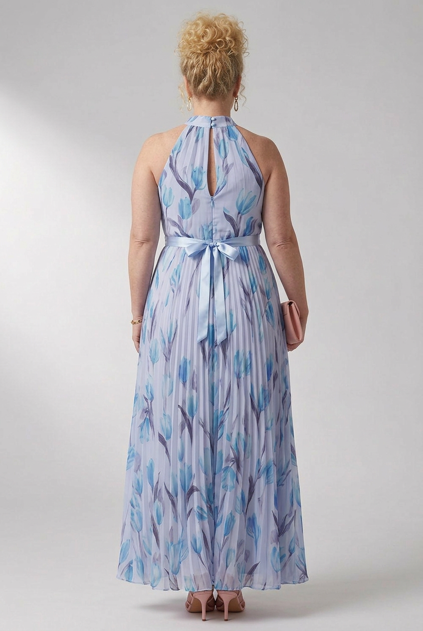 Elara | Blue Floral Pleated Maxi Dress