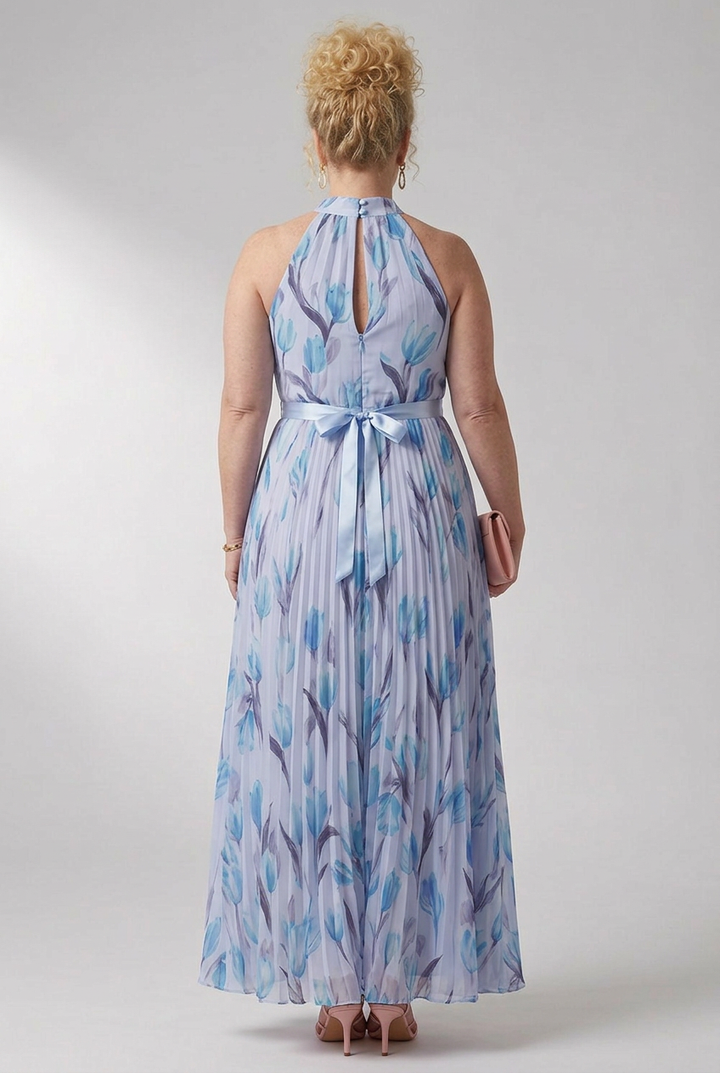 Elara | Blue Floral Pleated Maxi Dress