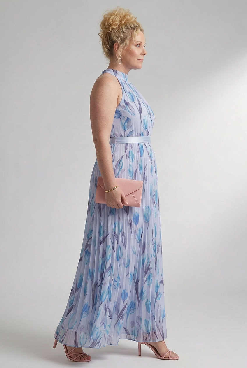 Elara | Blue Floral Pleated Maxi Dress