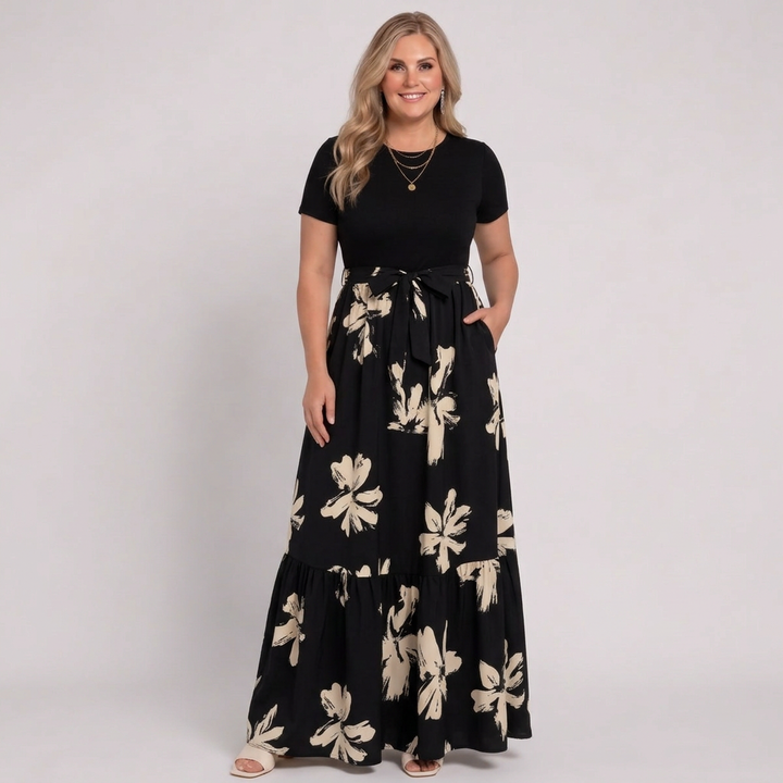 Elara | Womens Short-Sleeve Floral Print Belted Tiered Maxi Dress