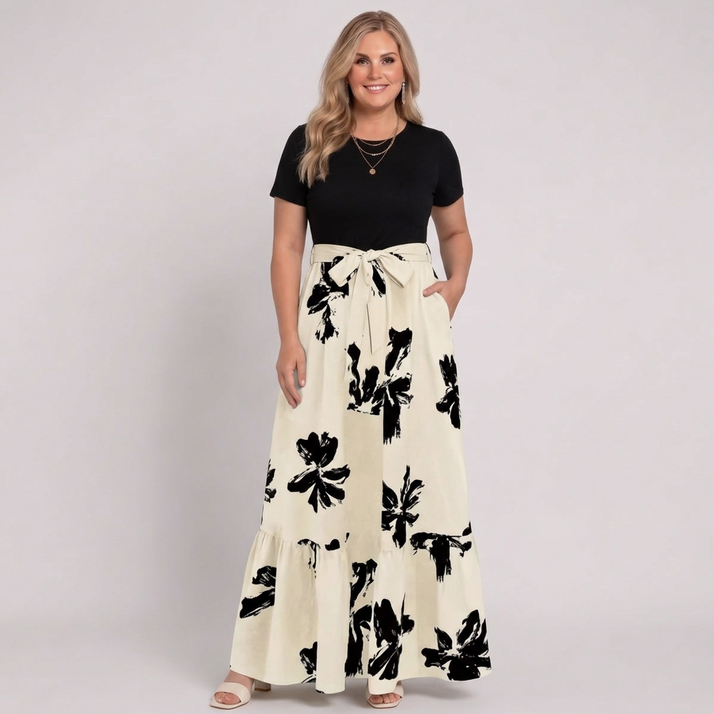 Elara | Womens Short-Sleeve Floral Print Belted Tiered Maxi Dress