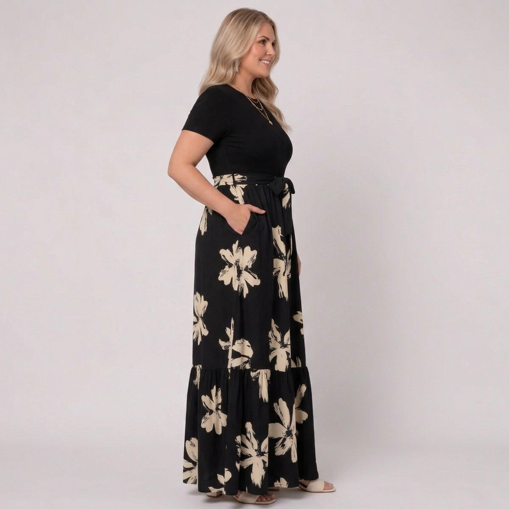 Elara | Womens Short-Sleeve Floral Print Belted Tiered Maxi Dress