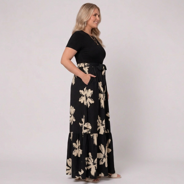 Elara | Womens Short-Sleeve Floral Print Belted Tiered Maxi Dress