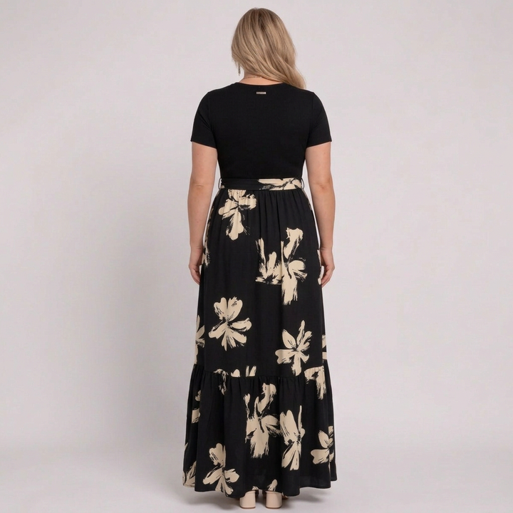 Elara | Womens Short-Sleeve Floral Print Belted Tiered Maxi Dress