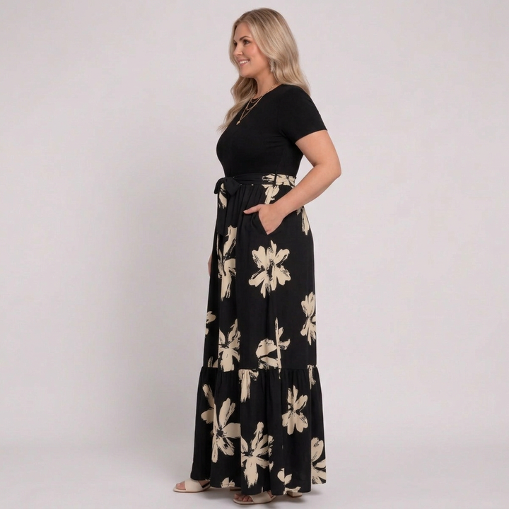 Elara | Womens Short-Sleeve Floral Print Belted Tiered Maxi Dress