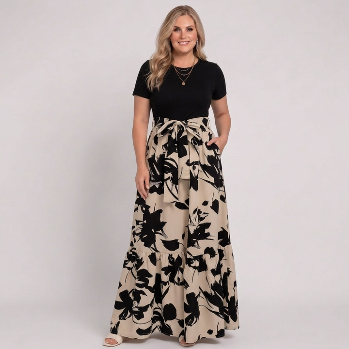 Elara | Womens Short-Sleeve Floral Print Belted Tiered Maxi Dress