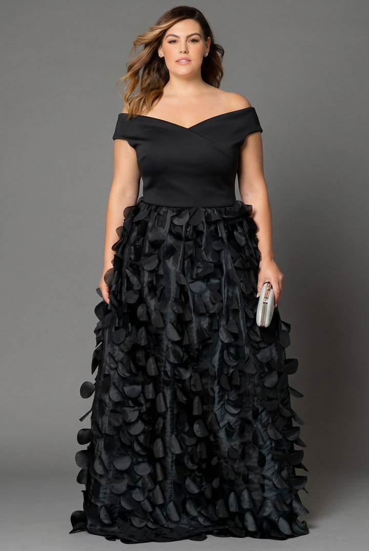 Elegant Off-Shoulder 3D Petal Appliqué Floor-Length Evening Gown
