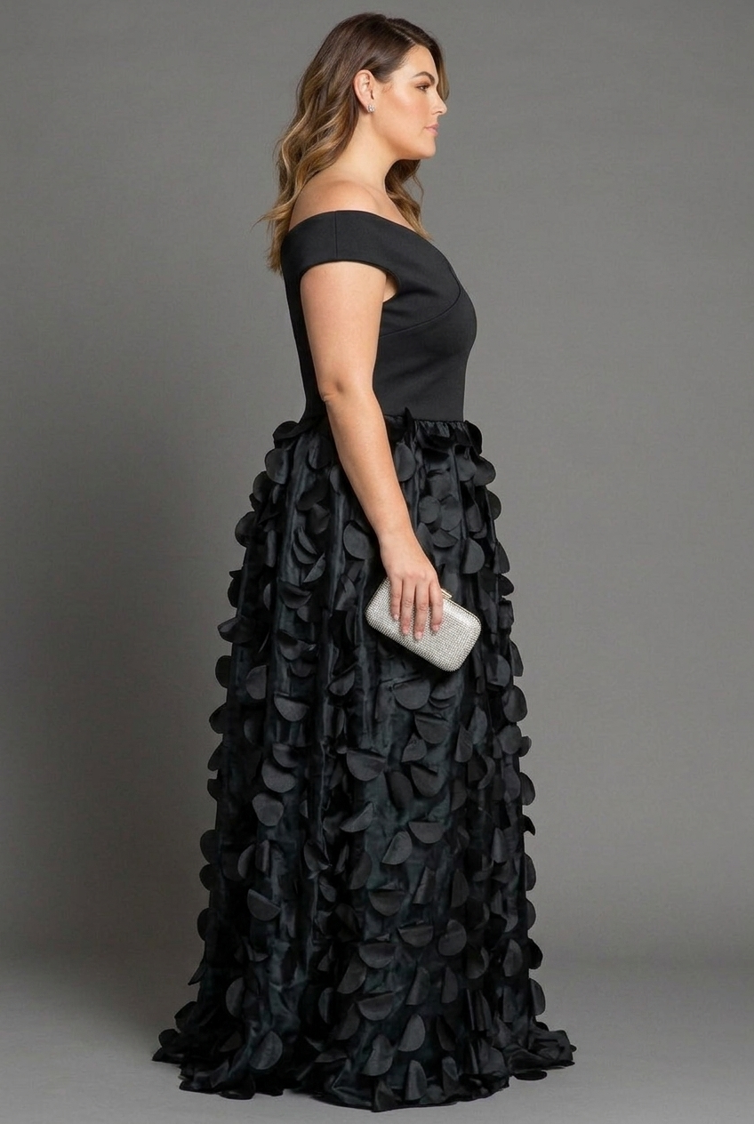 Elegant Off-Shoulder 3D Petal Appliqué Floor-Length Evening Gown