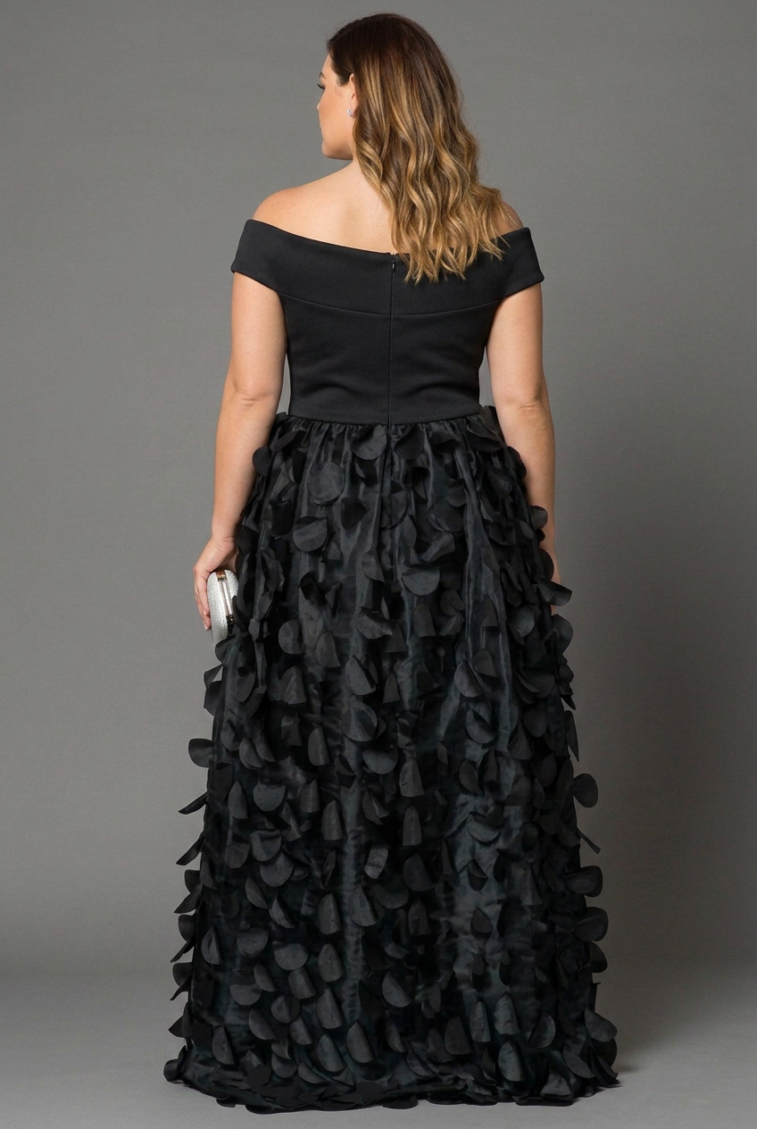 Elegant Off-Shoulder 3D Petal Appliqué Floor-Length Evening Gown
