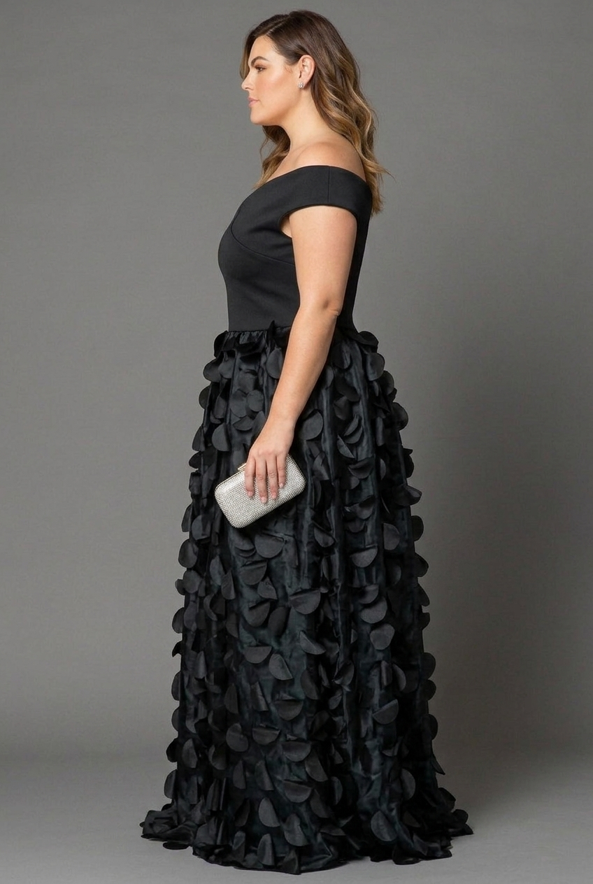 Elegant Off-Shoulder 3D Petal Appliqué Floor-Length Evening Gown