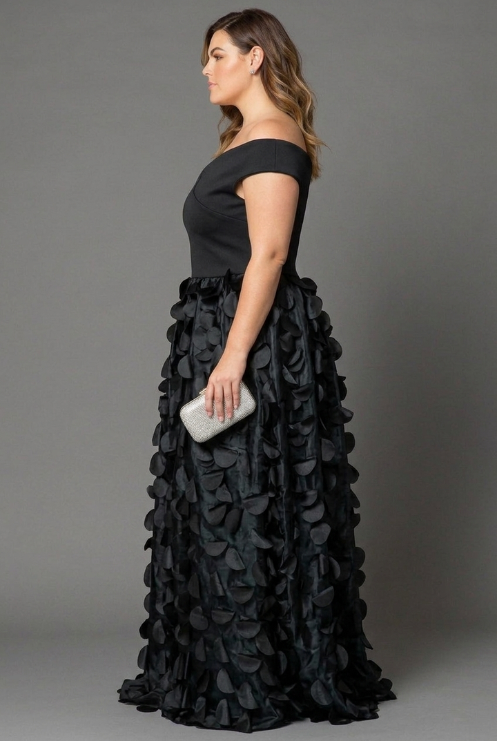 Elegant Off-Shoulder 3D Petal Appliqué Floor-Length Evening Gown