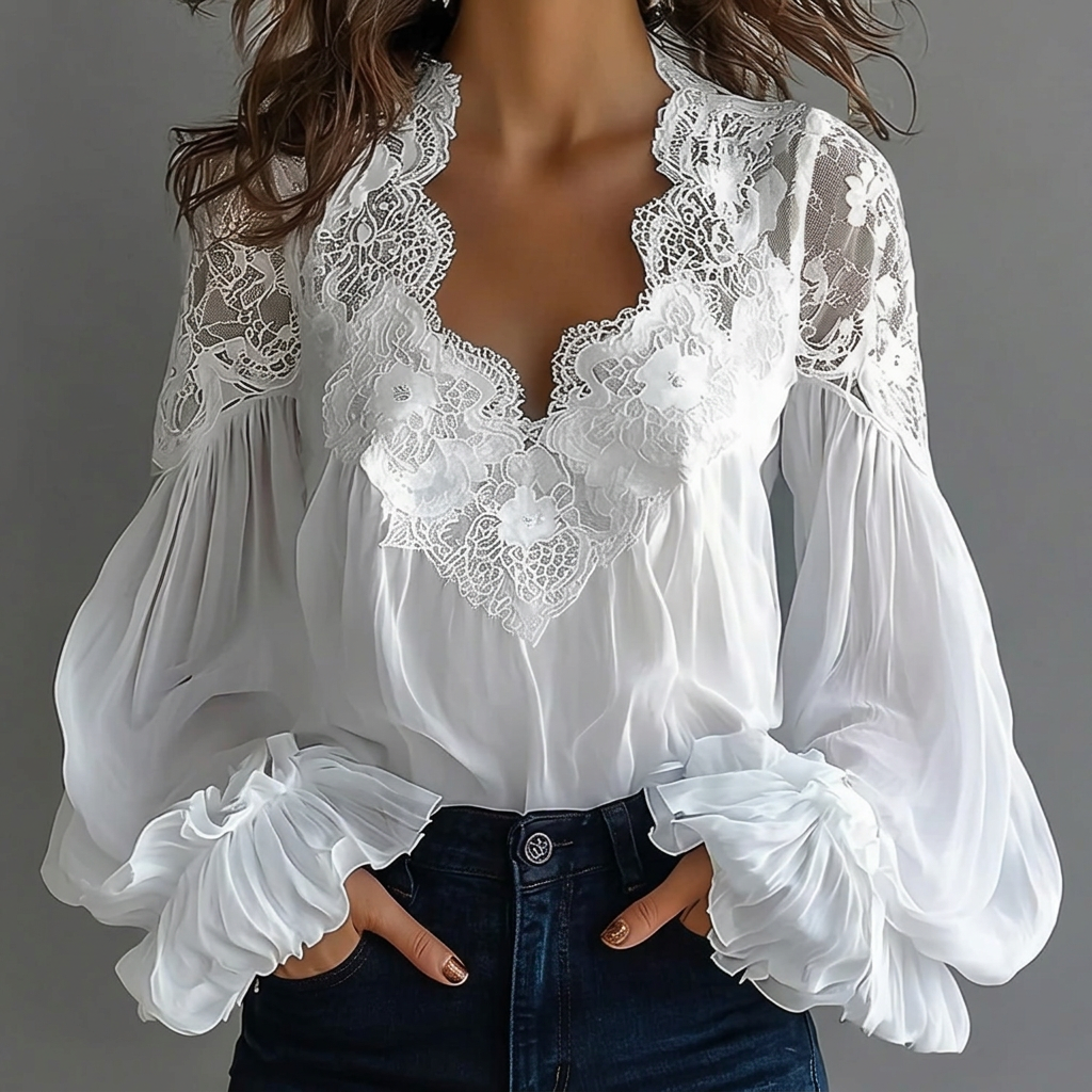 Esm | Lace-Trim V-Neck Ruffle Sleeve Blouse