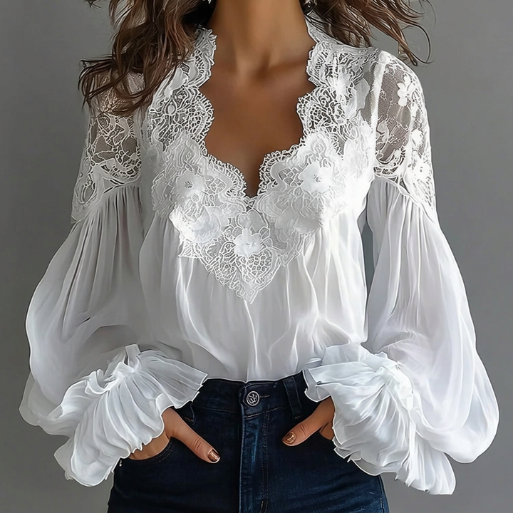 Esm | Lace-Trim V-Neck Ruffle Sleeve Blouse
