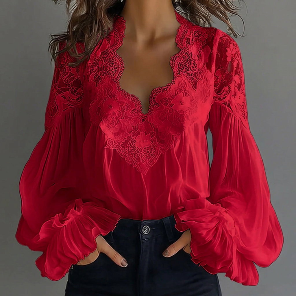 Esm | Lace-Trim V-Neck Ruffle Sleeve Blouse