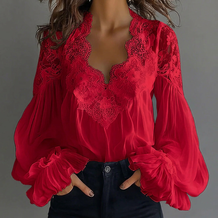 Esm | Lace-Trim V-Neck Ruffle Sleeve Blouse