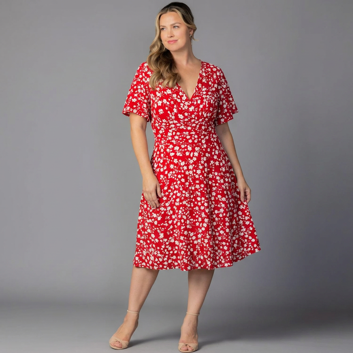 Floral V-Neck Short-Sleeve Fit-and-Flare Dress