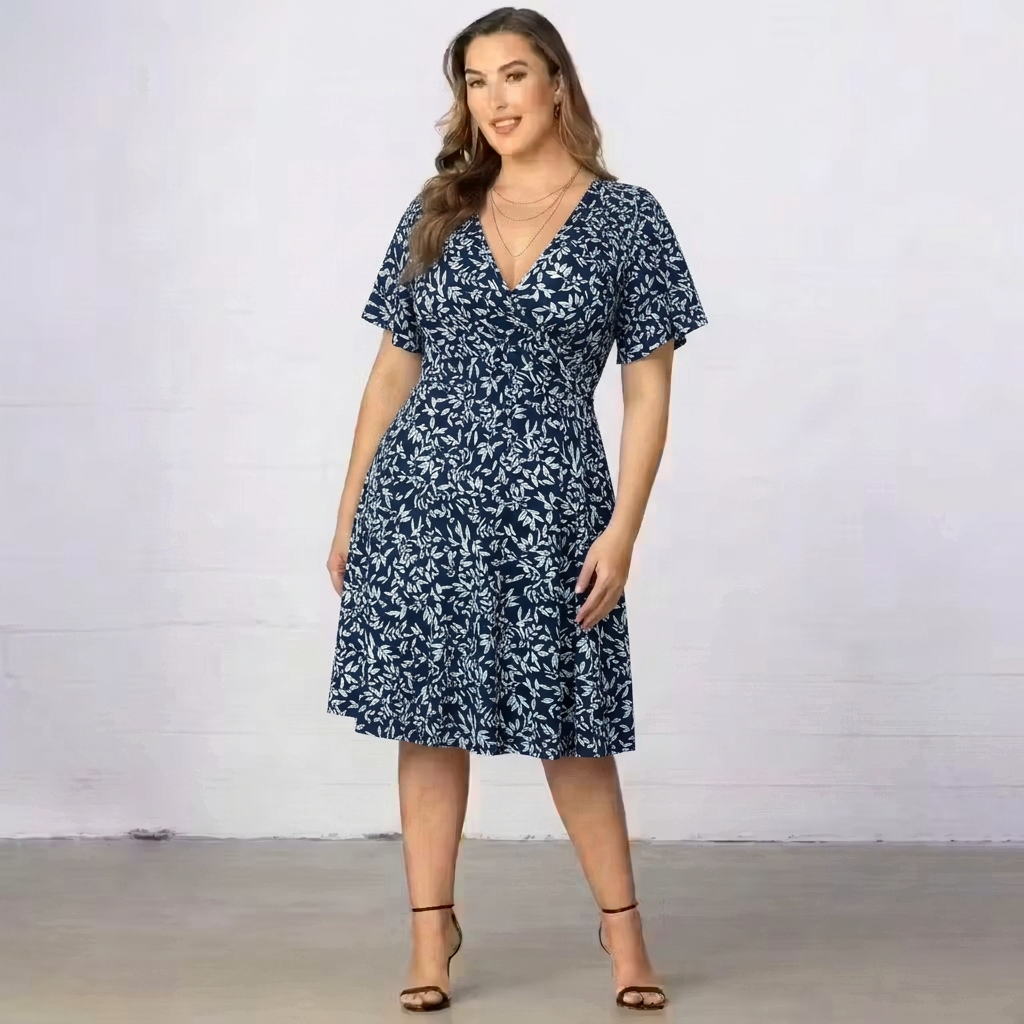 Floral V-Neck Short-Sleeve Fit-and-Flare Dress