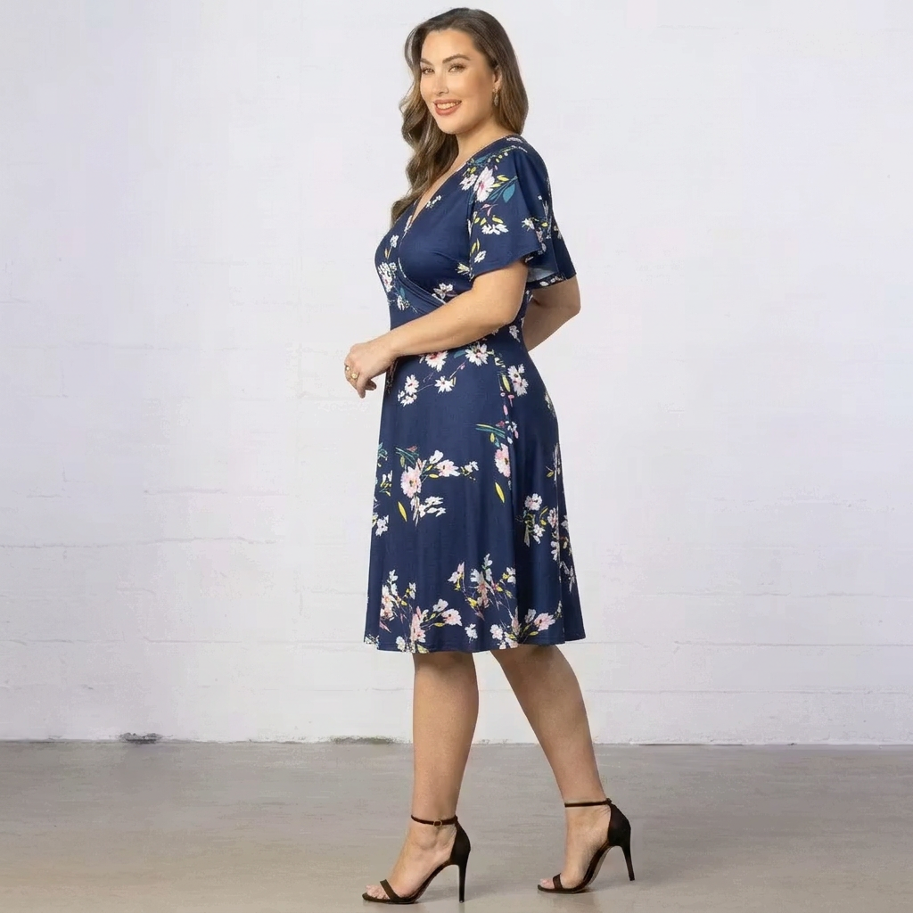 Floral V-Neck Short-Sleeve Fit-and-Flare Dress