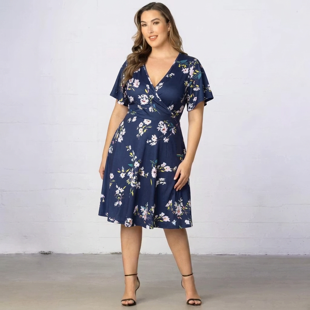 Floral V-Neck Short-Sleeve Fit-and-Flare Dress