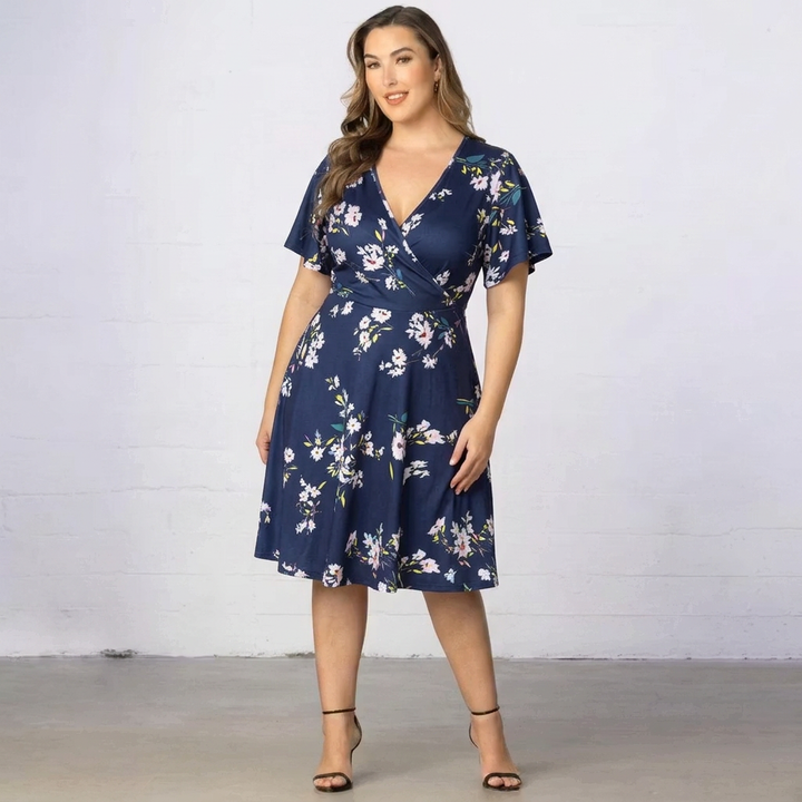 Floral V-Neck Short-Sleeve Fit-and-Flare Dress