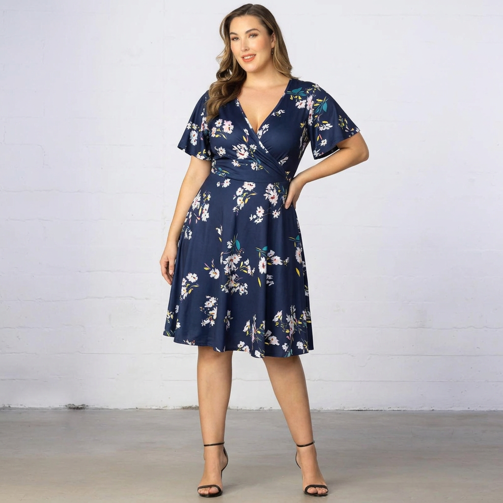 Floral V-Neck Short-Sleeve Fit-and-Flare Dress