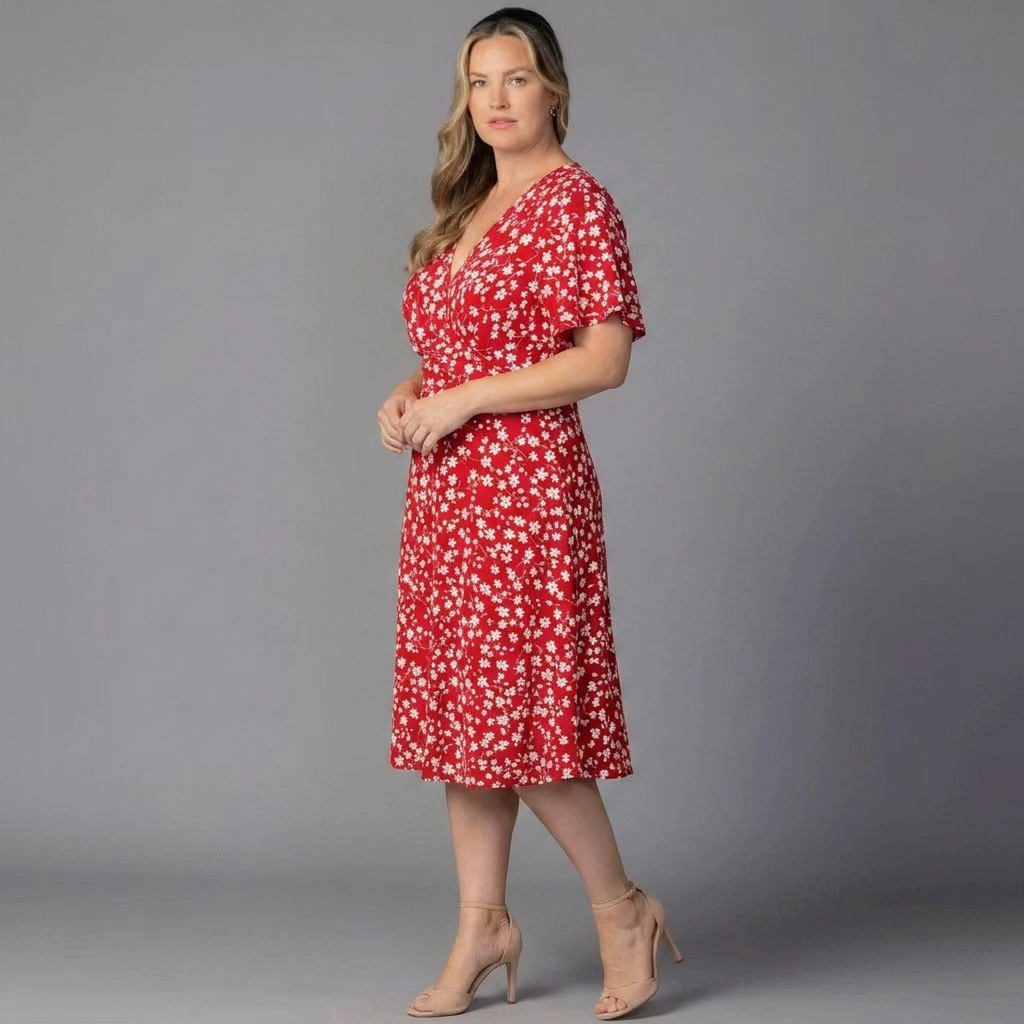Floral V-Neck Short-Sleeve Fit-and-Flare Dress