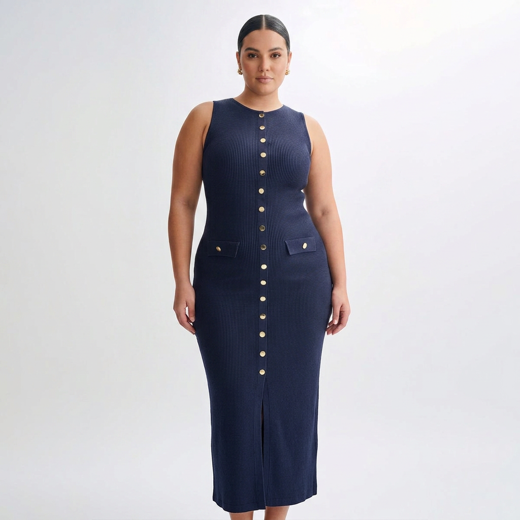 Harlow | Womens Sleeveless Button-Front Ribbed Midi Dress