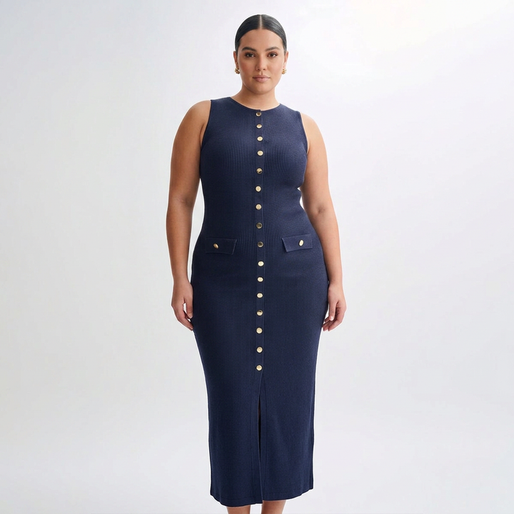 Harlow | Womens Sleeveless Button-Front Ribbed Midi Dress